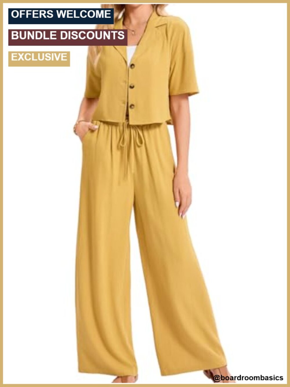 Linen Blend 2 Piece Set Short Sleeve Shirt Wide Leg Pants Business Casual